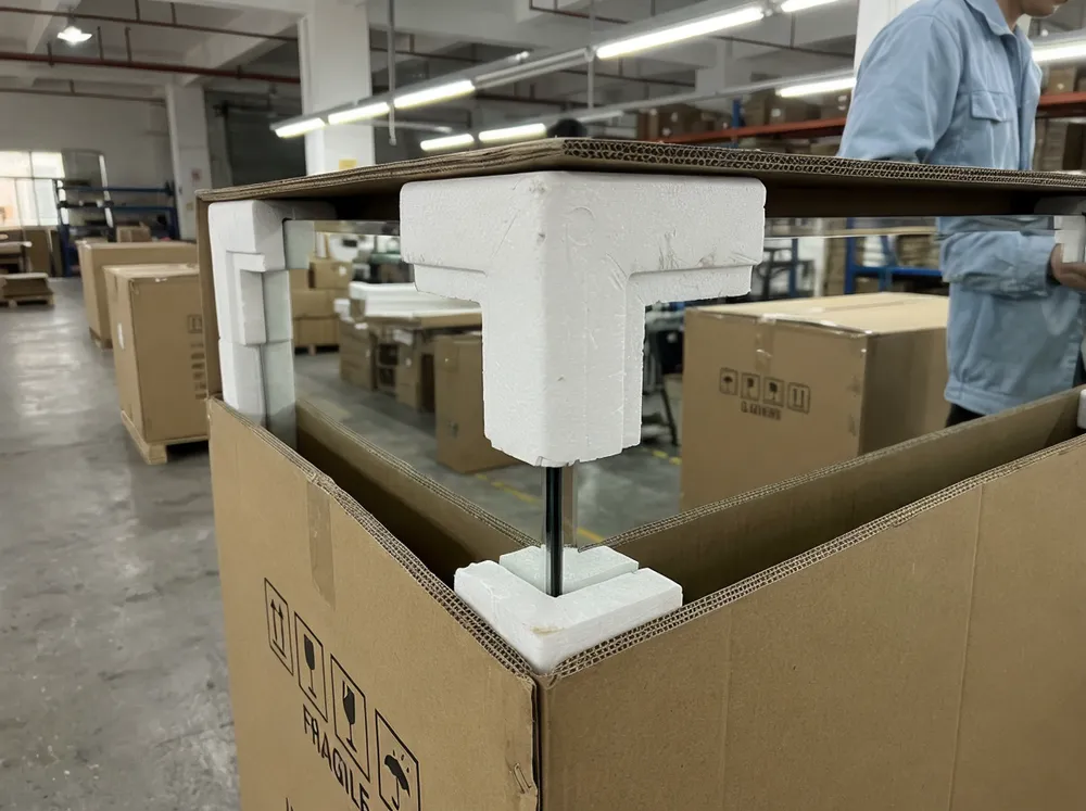 Corner-lock foam inserts securing large mirror inside transit carton