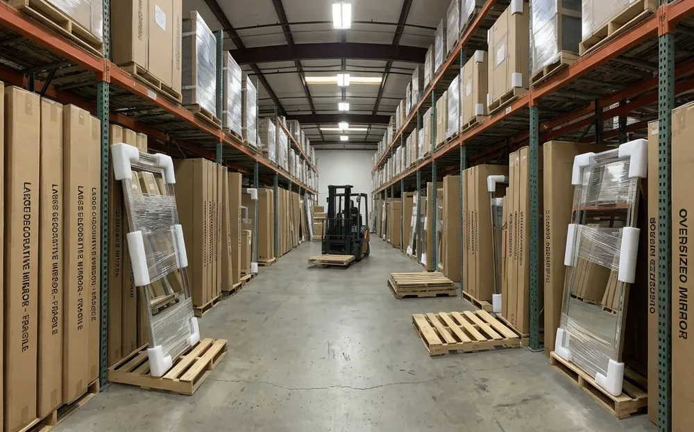 Wholesale distribution warehouse with large mirror inventory