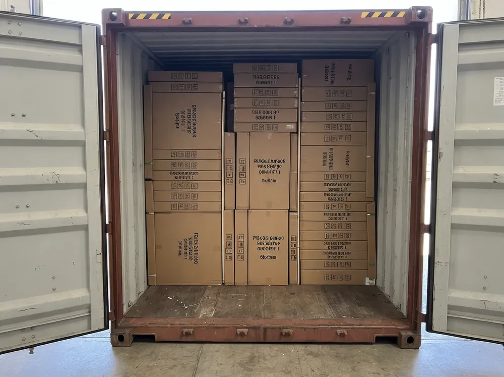 Container loading layout showing rectangle mirror cartons efficiently stacked in a 40-foot shipping container