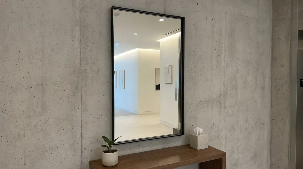Slim metal framed rectangle mirror in matte black finish for modern hospitality interiors