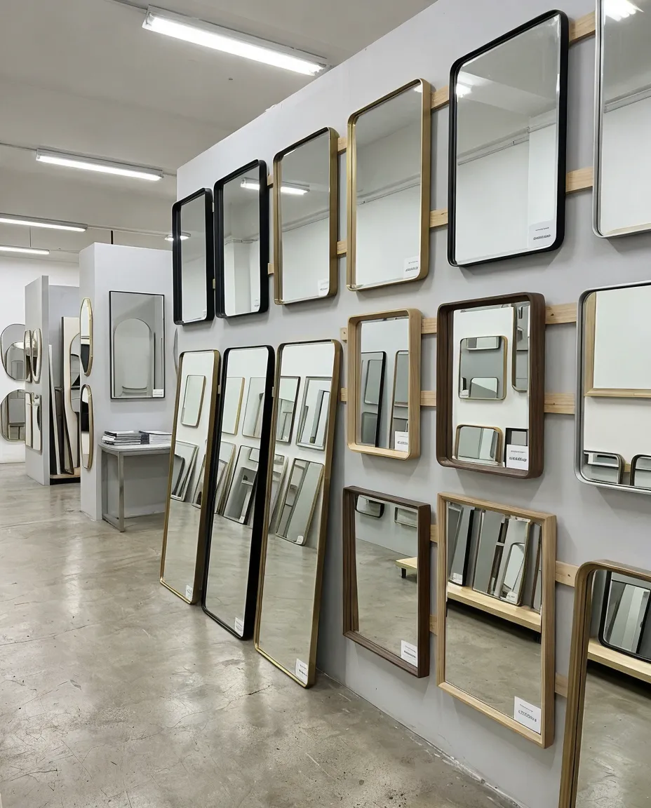 Rectangle decor mirrors in various sizes and frame finishes displayed in showroom setting