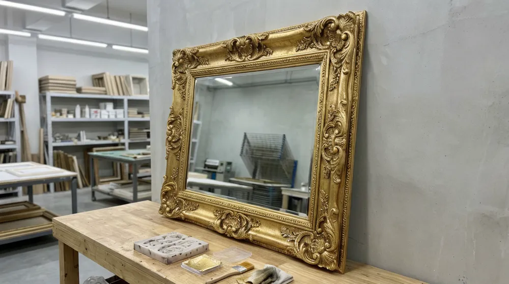 Ornate resin framed rectangle mirror with gold leaf baroque scrollwork detailing