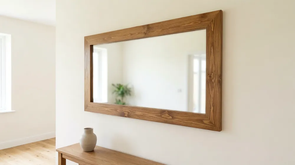 Solid pine wood framed rectangle mirror showing natural grain variation with warm stain finish