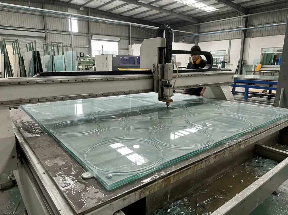 Automated cutting table showing nested circular mirror cuts on float glass sheet