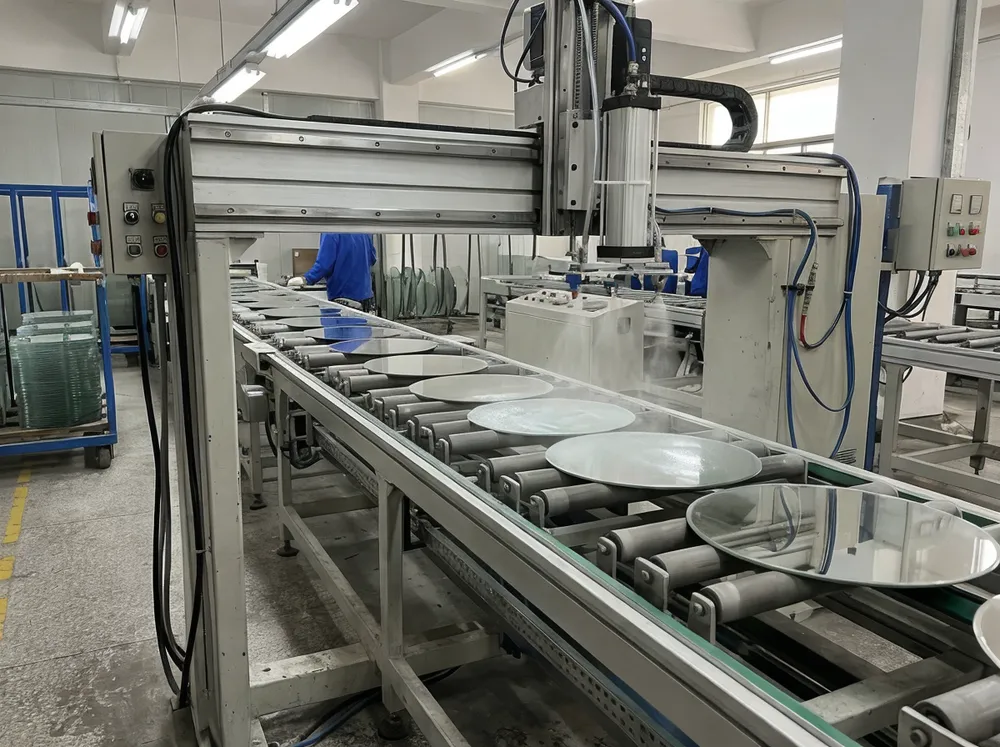 Copper-free silvering process showing chemical passivation layer application on round mirror glass