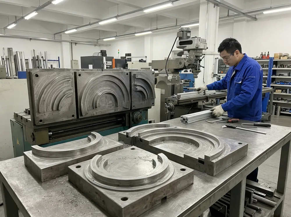Engineering workshop with custom frame mold profiles for round mirrors