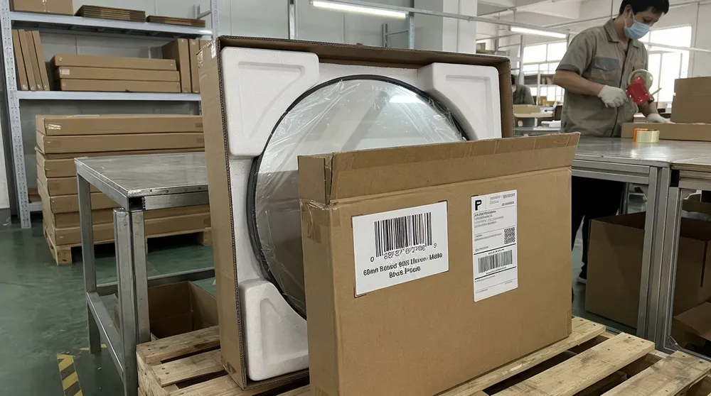 Round mirror in retail-ready packaging with UPC label for e-commerce fulfillment