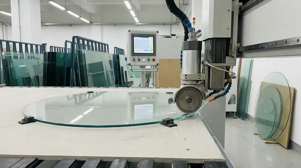 Automated cutting table maintaining constant peripheral speed for chip-free round mirror edges
