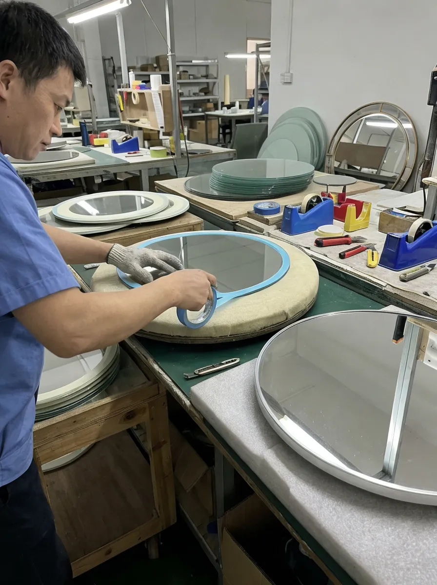 Dedicated masking station showing clean silver edge on round mirror glass