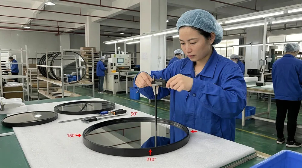 Four-point diameter measurement for frame-to-glass gap consistency on round mirrors