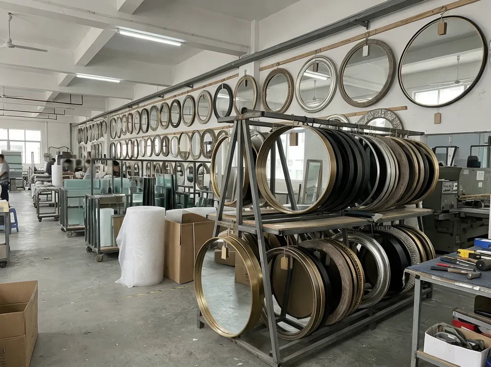 Collection of round decor mirrors in various diameters and frame finishes from Livewellcraft factory