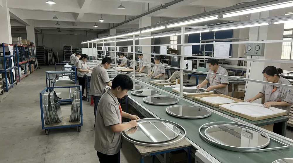 Livewellcraft production line showing round mirror manufacturing process
