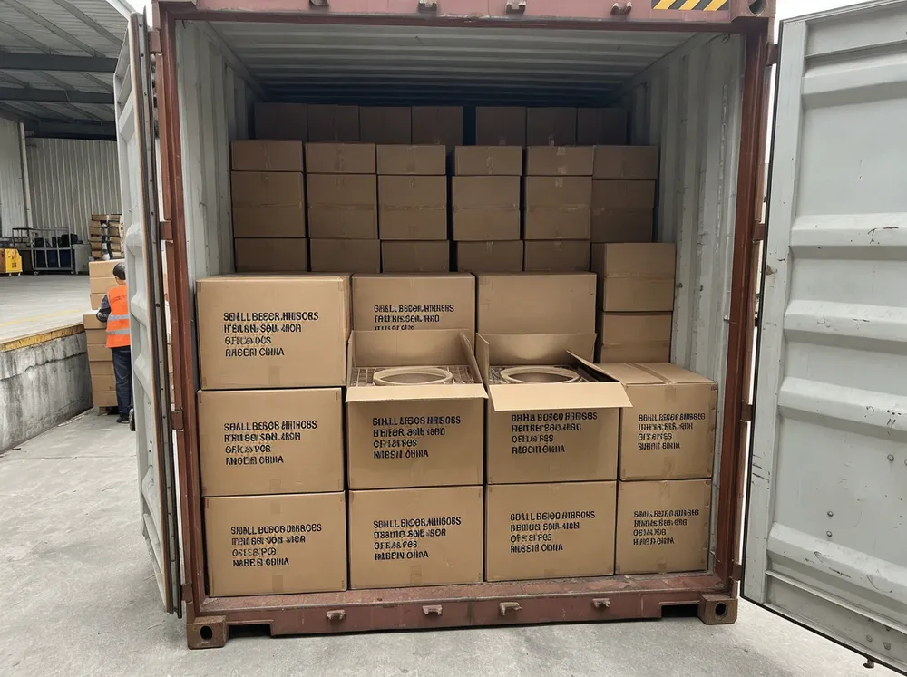 40-foot container loaded with cartons of small decorative mirrors