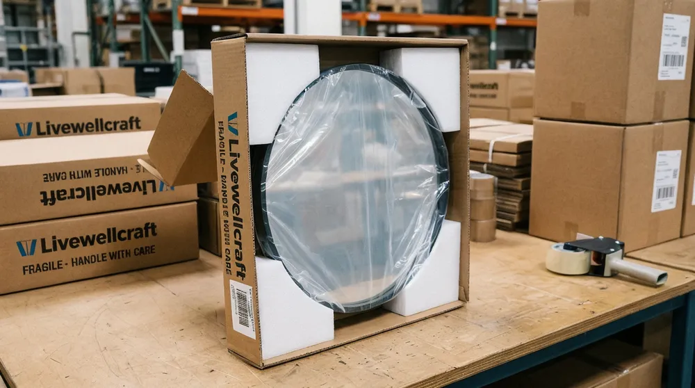 Small decorative mirror in branded mailer box ready for e-commerce fulfillment