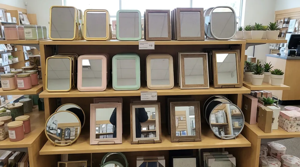 Small decorative mirrors displayed on retail shelving in gift store setting