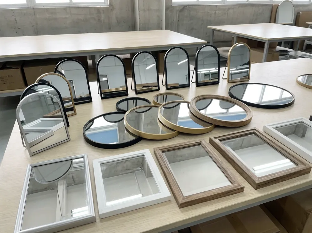 Collection of small decorative mirrors under 50cm in round, rectangle, and arch shapes with MDF and metal frames