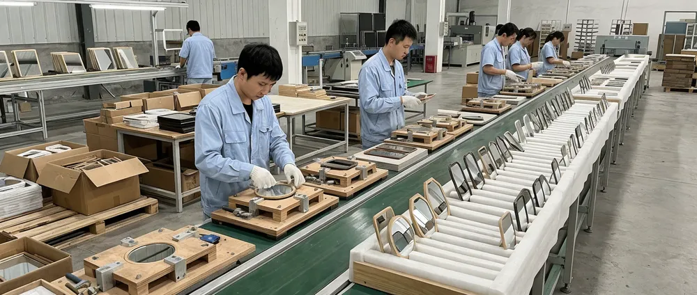 Small mirror production line with dedicated jigs and padded rack systems