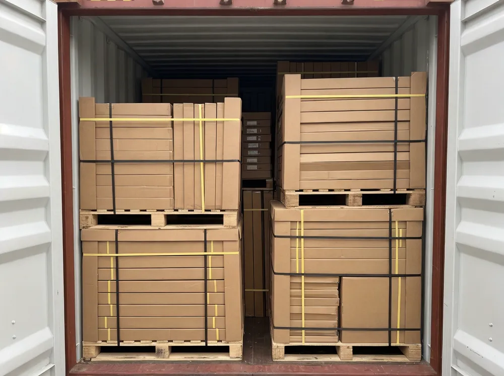 Container loading configuration for aesthetic mirrors with pallet stacking and corner board protection