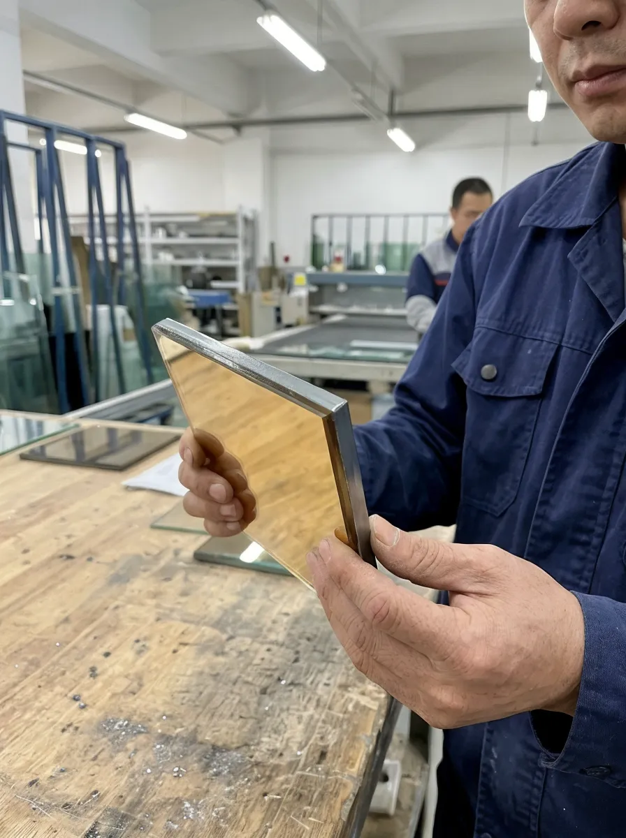 Amber tinted glass mirror sample showing sealed coating layer