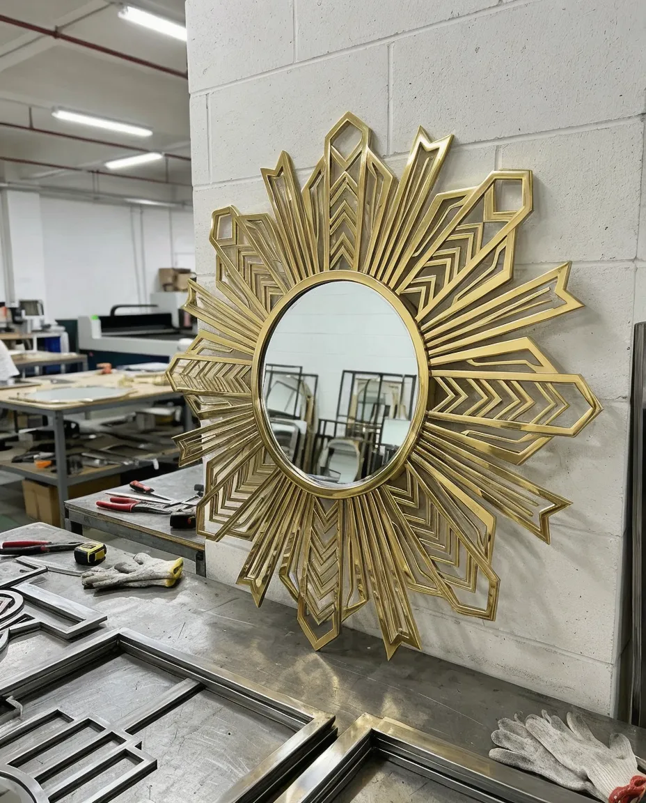 Art deco sunburst mirror with polished gold geometric frame