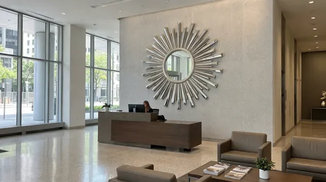 Oversized 1200mm sunburst mirror as focal point in corporate reception area