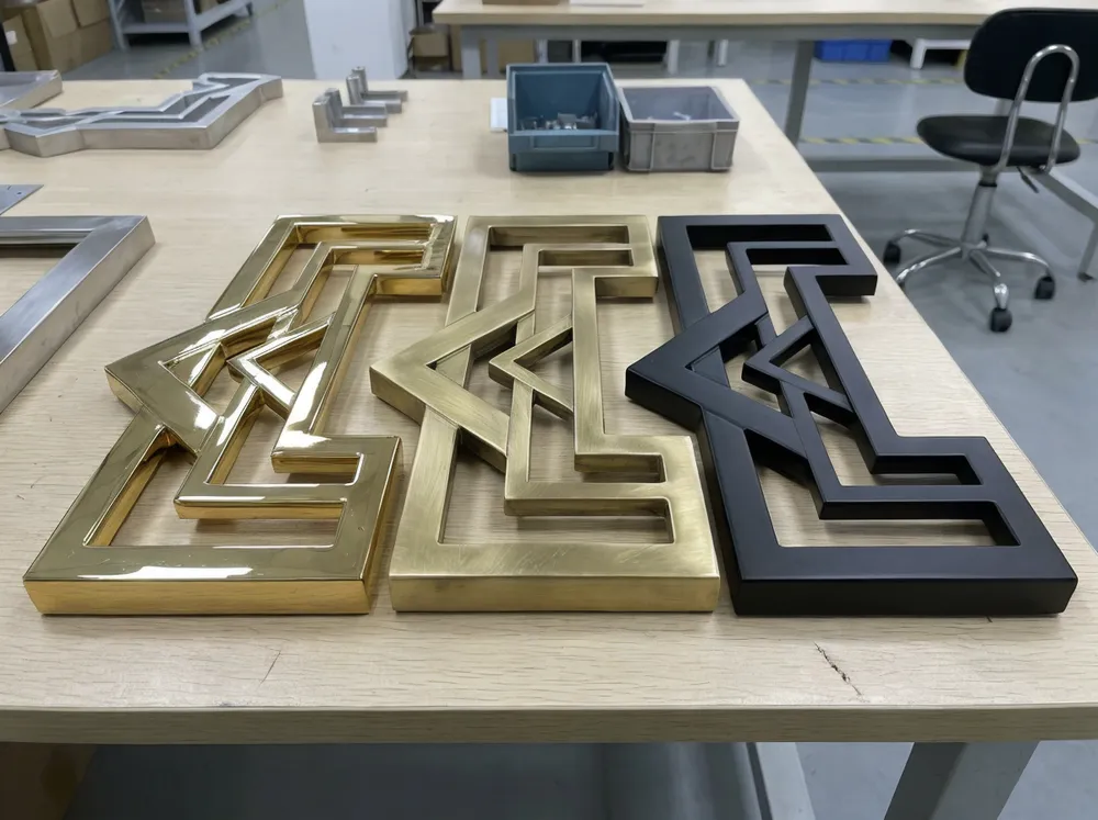 Art decor mirror frame finish options showing polished gold, brushed brass, and matte black samples