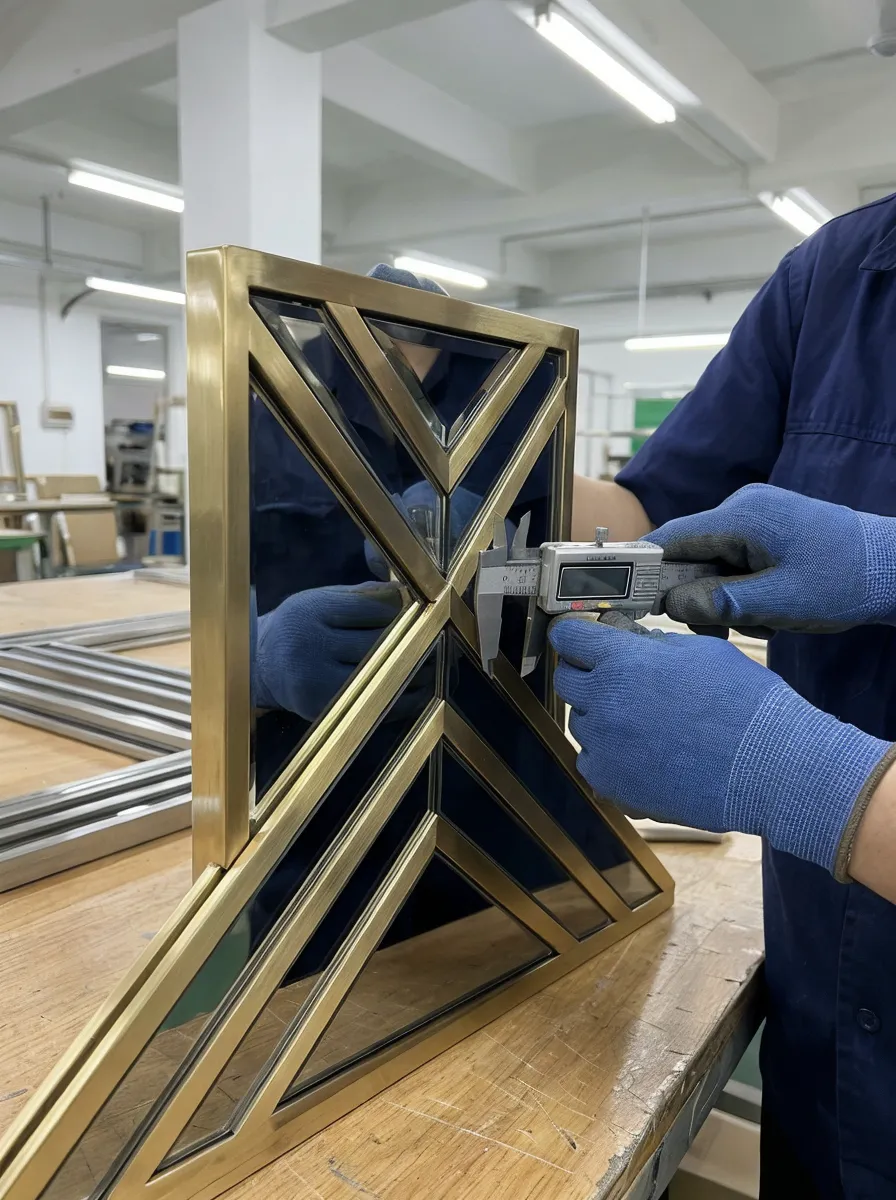 Close-up of geometric art deco mirror frame showing precision metalwork alignment