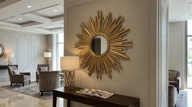 Art deco sunburst mirror installed in boutique hotel lobby with coordinated gold finish