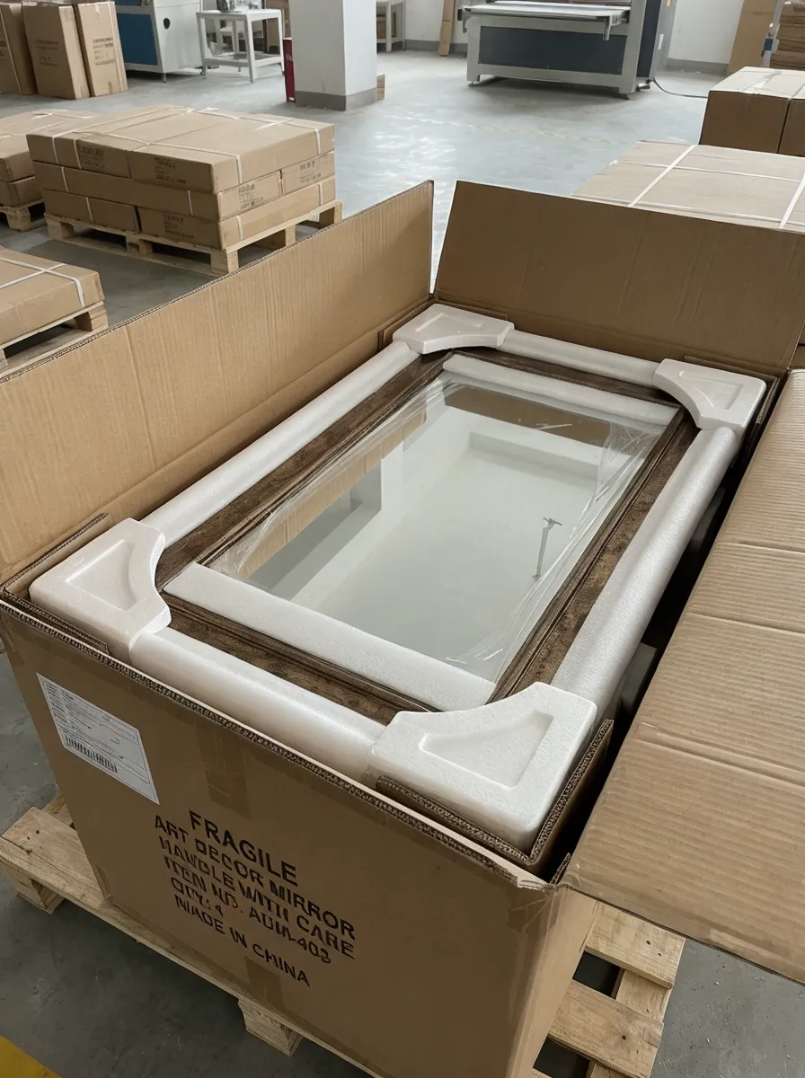 Art decor mirror packaging showing corner protectors and foam edge guards