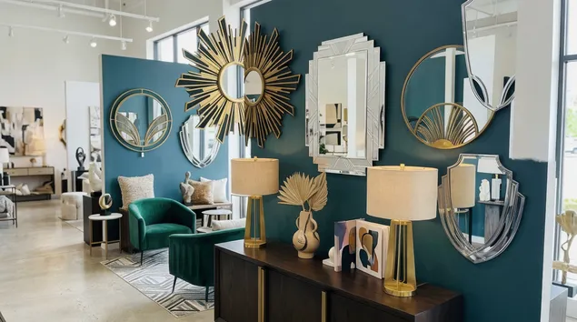 Art deco mirrors displayed in curated home decor retail showroom