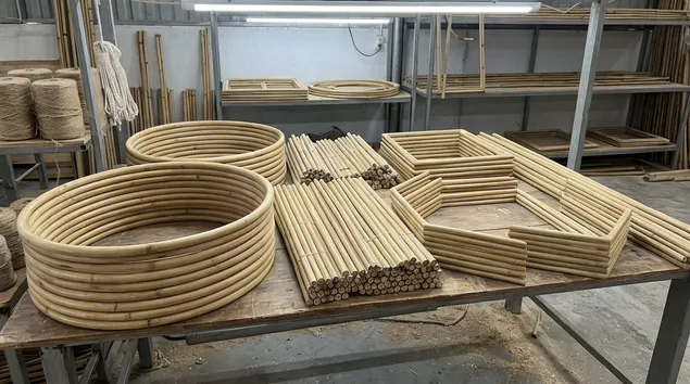 Bamboo structural hoops and geometric frame elements for bohemian mirrors