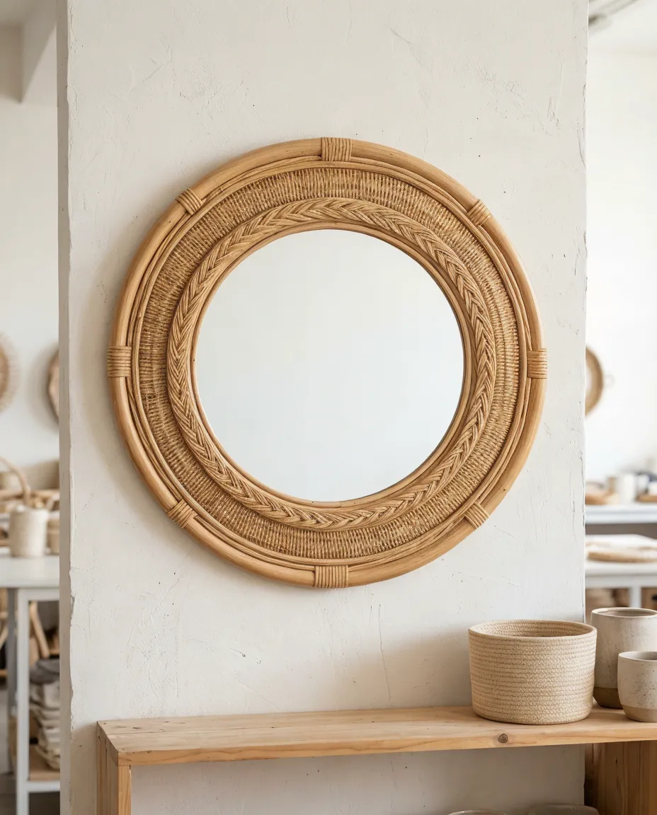 Bohemian decor mirror with natural rattan frame and woven texture detail