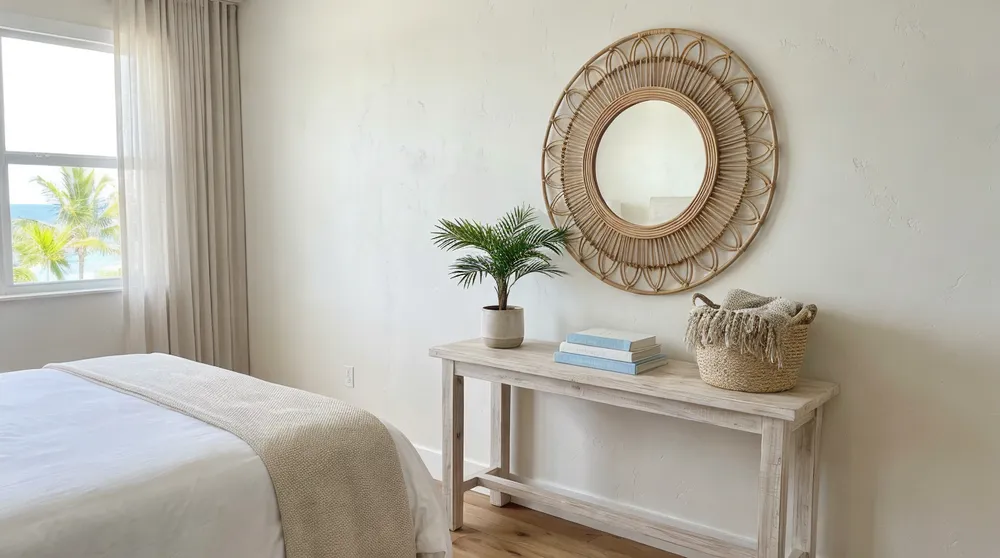 Bohemian rattan mirror in coastal resort hotel interior