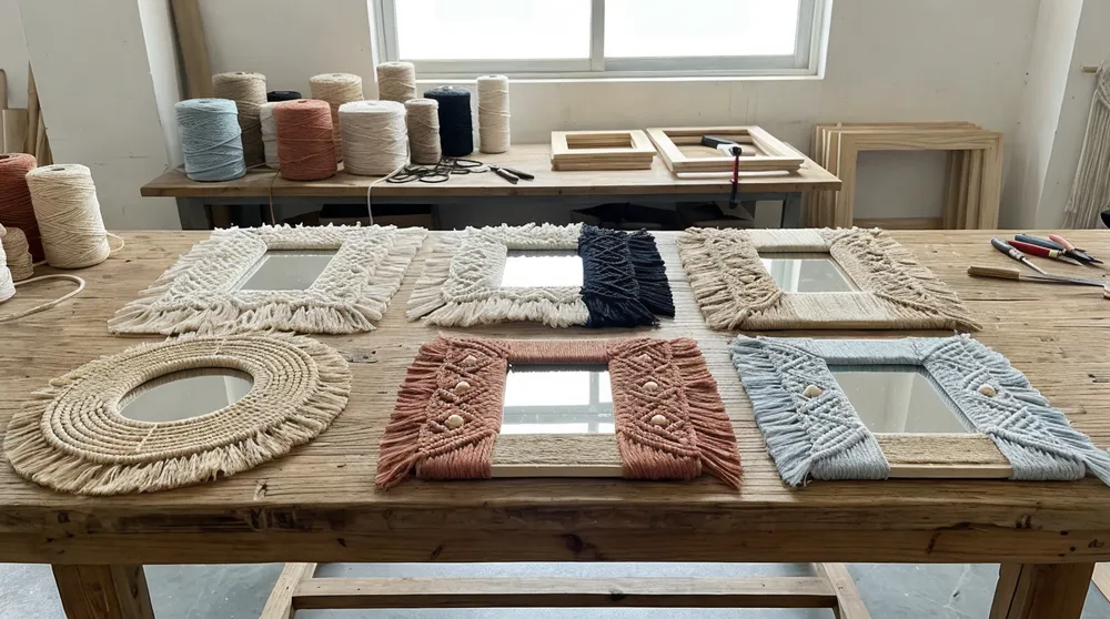 Bohemian mirror frame customization samples showing different weave patterns and finish colors