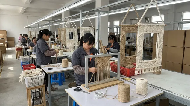 Jute and cotton rope macramé-style mirror frame with knotted hanging structure