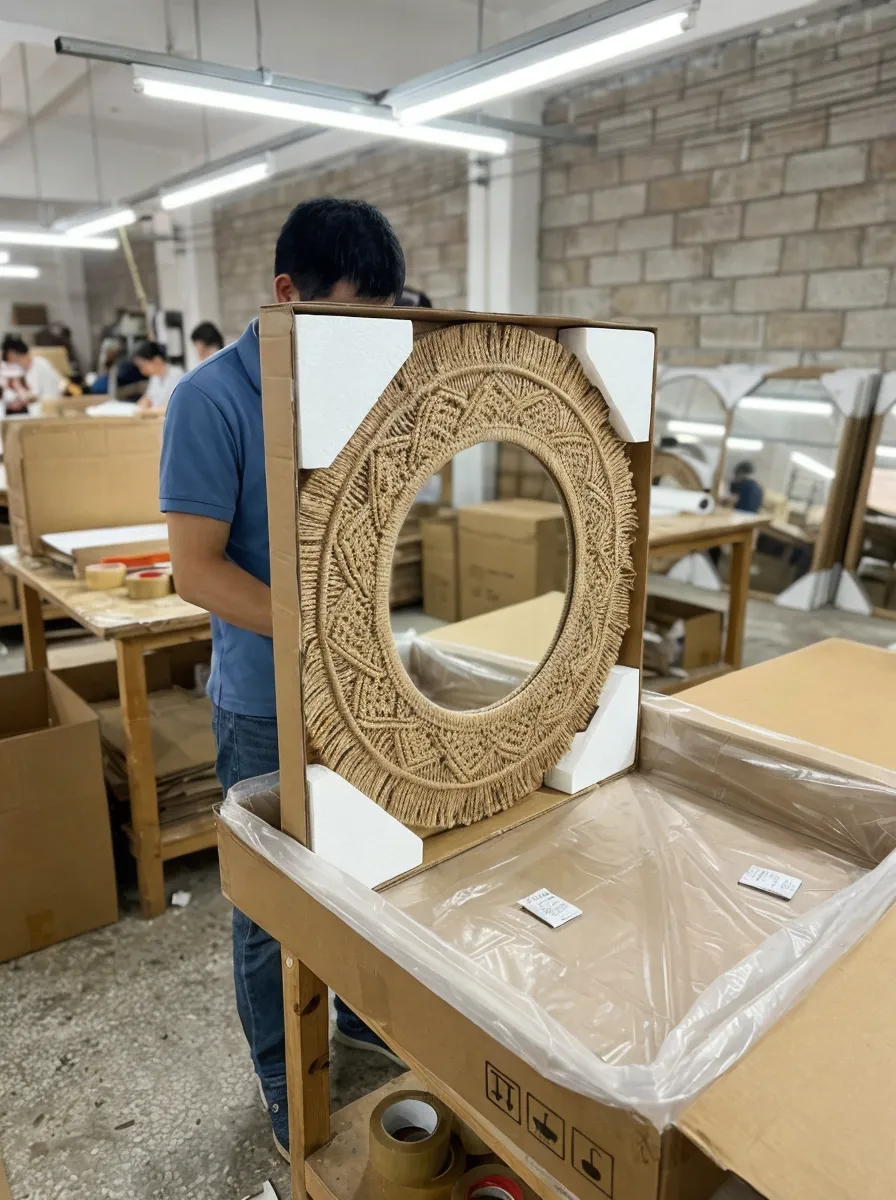 Bohemian mirror packaging with foam corner protectors and cardboard sleeve for natural fiber frame protection