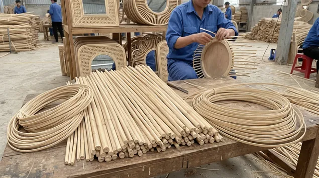 Rattan poles and split rattan peel used for bohemian mirror frames