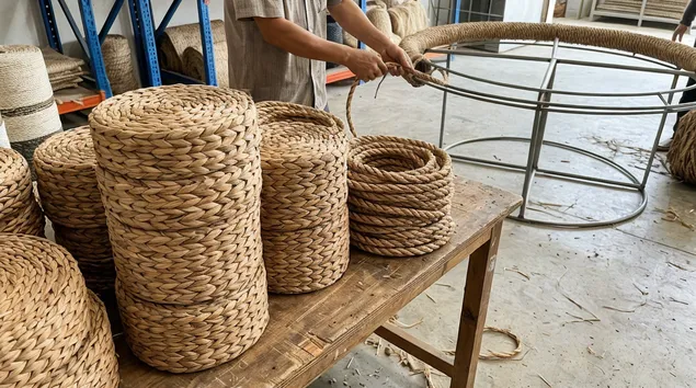 Water hyacinth braids and twisted rope for mirror frame wrapping