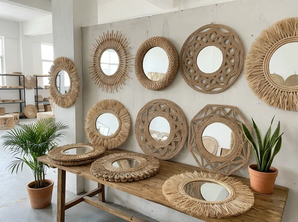 Bohemian rattan and natural fiber mirrors for lifestyle retail
