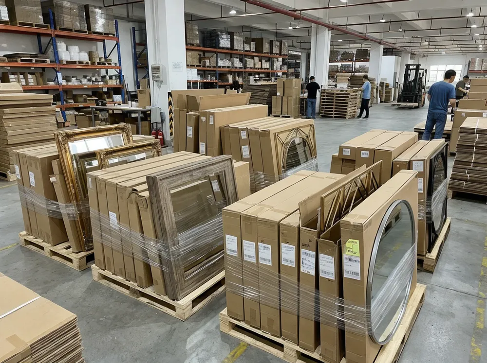 Mixed style decor mirrors ready for shipment at Livewellcraft facility