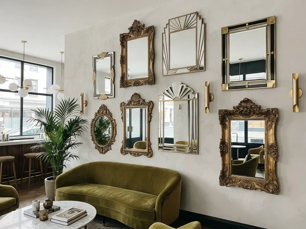 Vintage and art deco mirrors in boutique hospitality setting