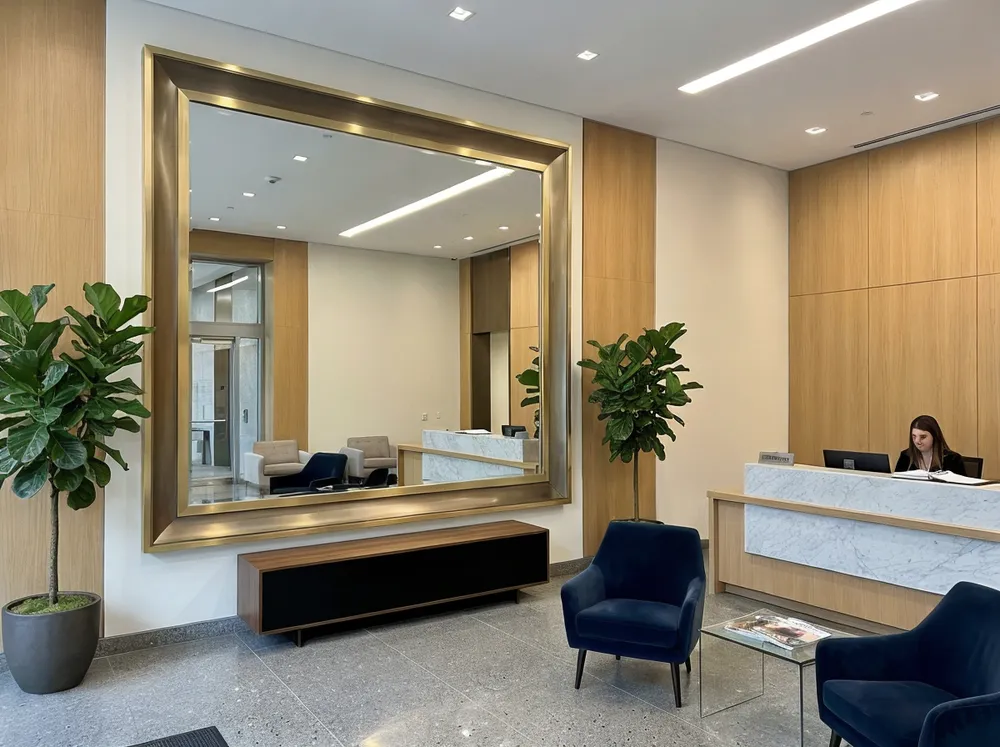 Oversized luxury mirror as statement piece in corporate reception area