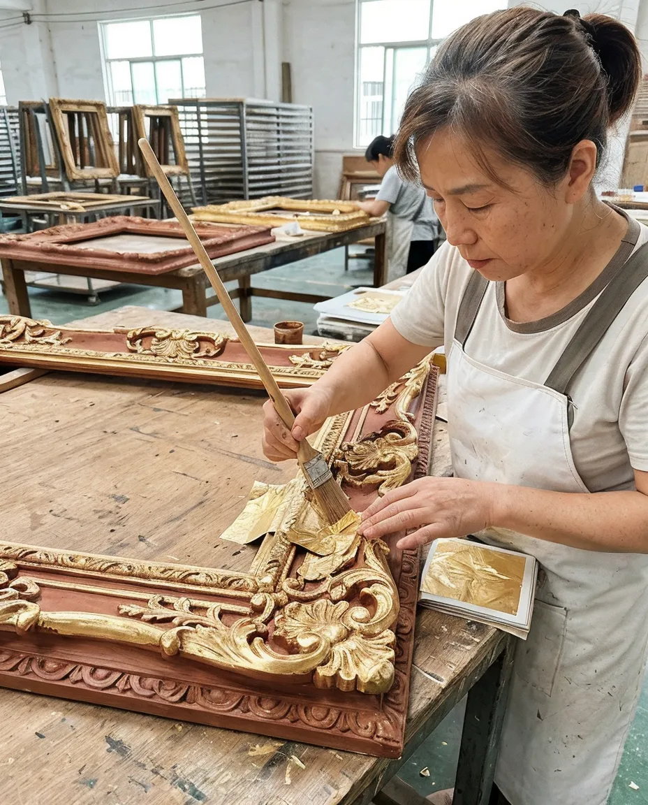 Artisan hand-applying gold leaf sheets to luxury mirror frame showing detailed brushwork technique