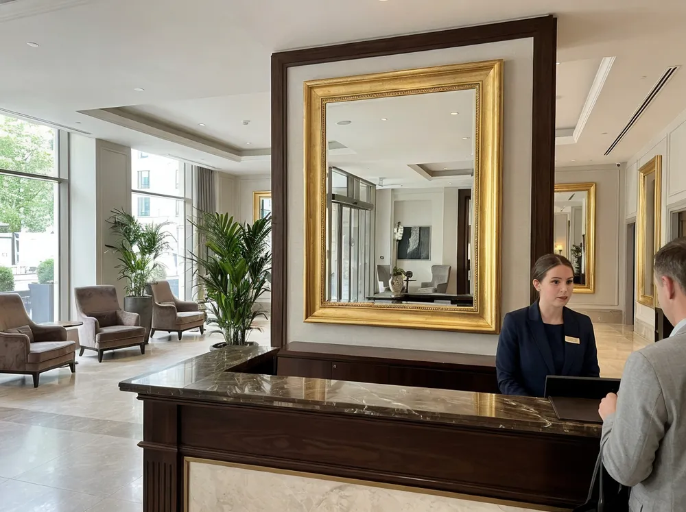 Luxury decorative mirror installation in upscale hotel lobby with gold leaf frame