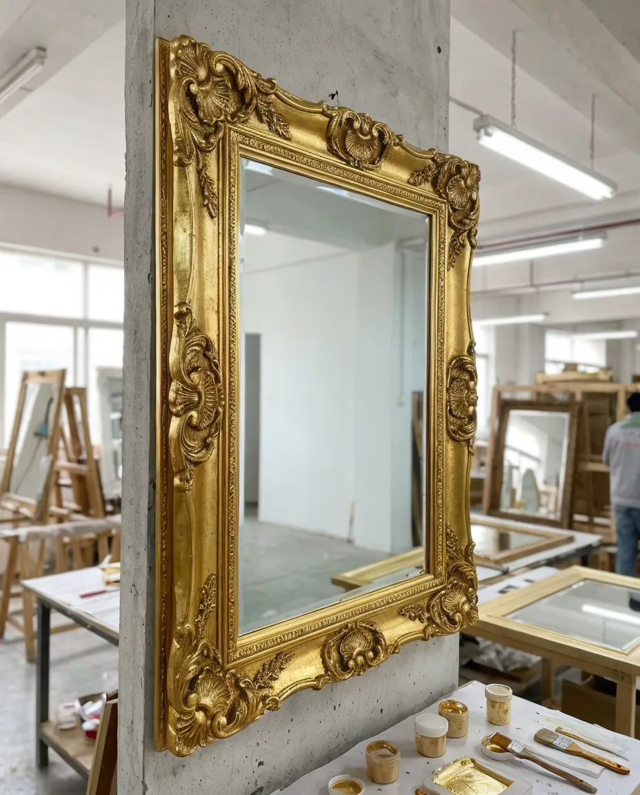 Luxury decor mirror with hand-applied gold leaf frame showcasing multi-layer finishing craftsmanship