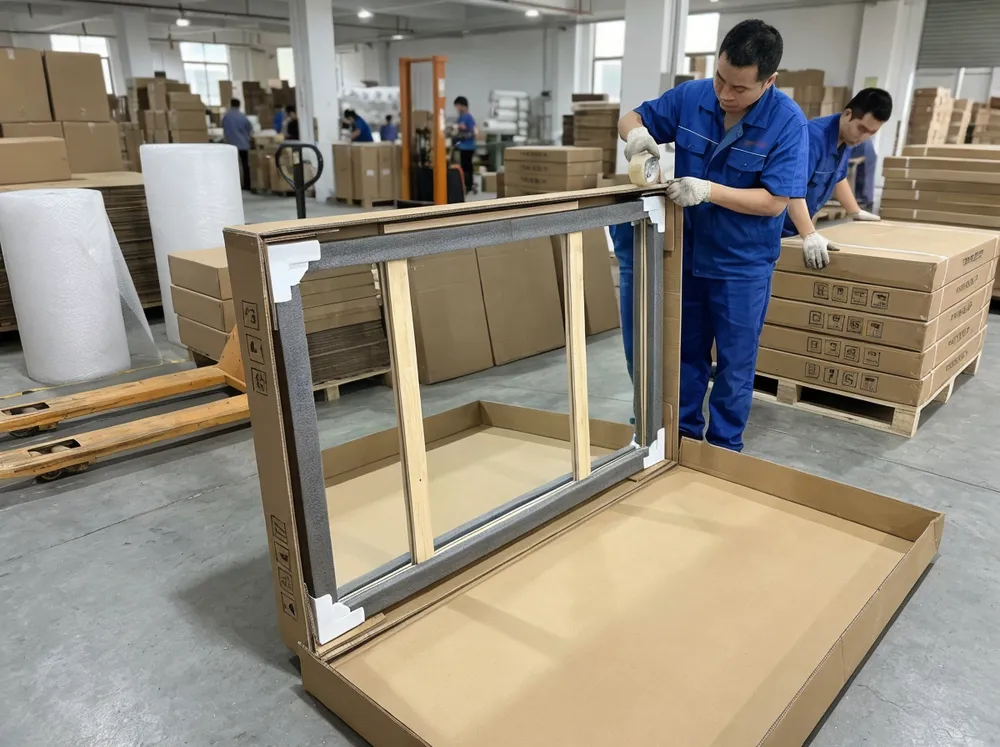 Luxury mirror packaging with corner protectors, foam guards, and rigid frame insert