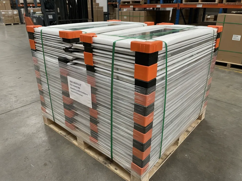 Bulk palletized mirror shipment with interlayer protection and edge guards