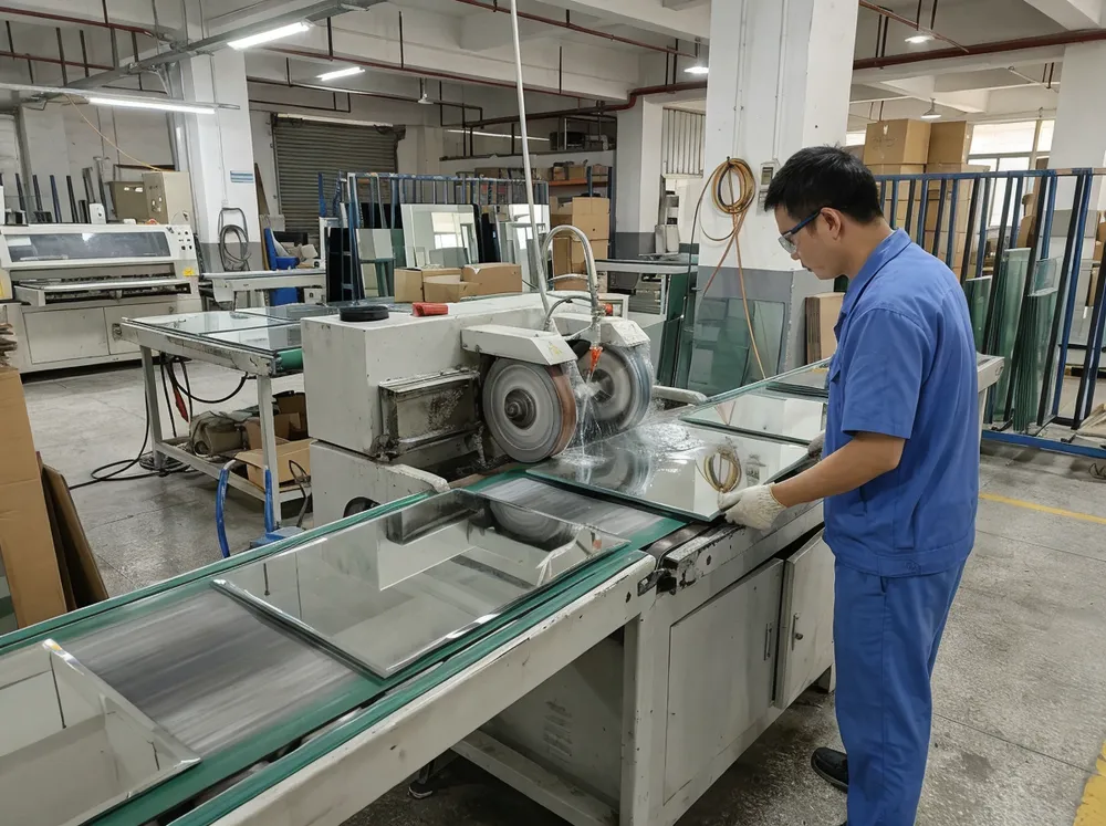 Frameless mirror edge beveling and polishing