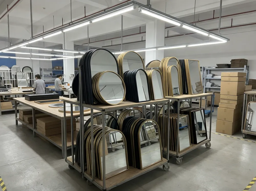Collection of modern decor mirrors featuring round, arch, and rectangular silhouettes with slim metal frames in matte black and brushed gold finishes