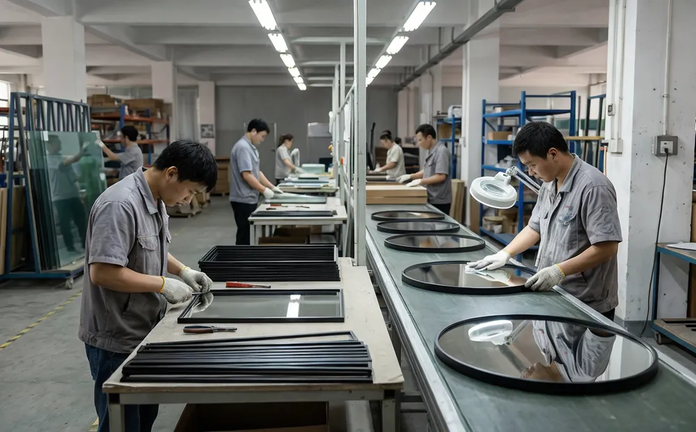 Modern mirror production line showing slim metal frame assembly and quality inspection stations